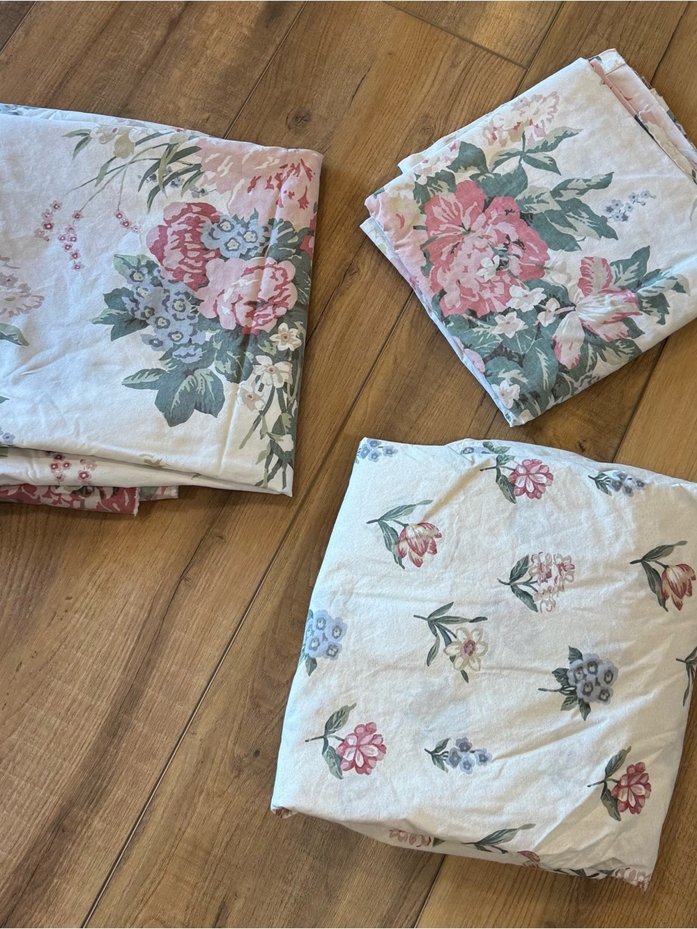 Vintage Floral Cotton Bedding Set - Pink/Green on Cream